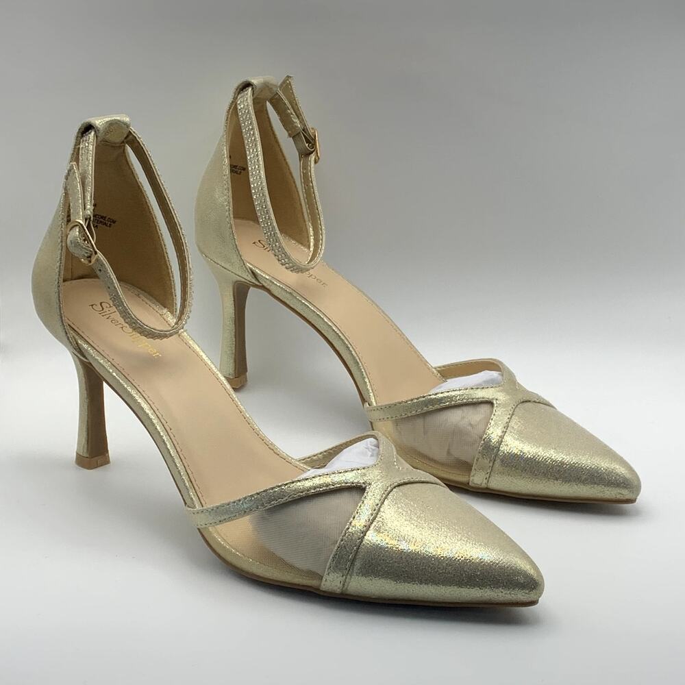 SILVER SLIPPER Women's Gold Ella Pointed-Toe Ankle-Strap Rhinestone Heels SZ8.5